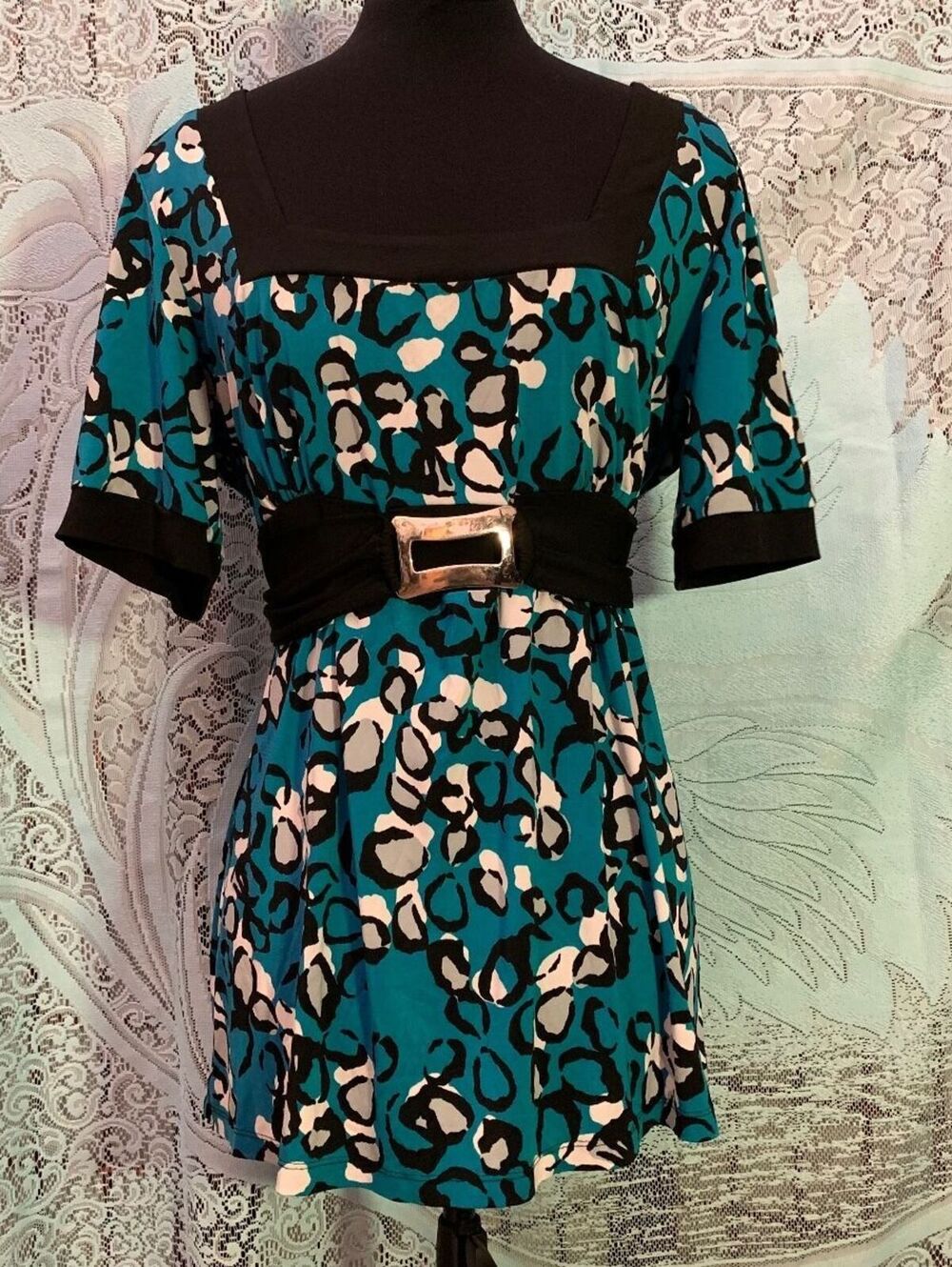 Cheetah Print Y2K Babydoll Tie Back Teal Buckle Detail